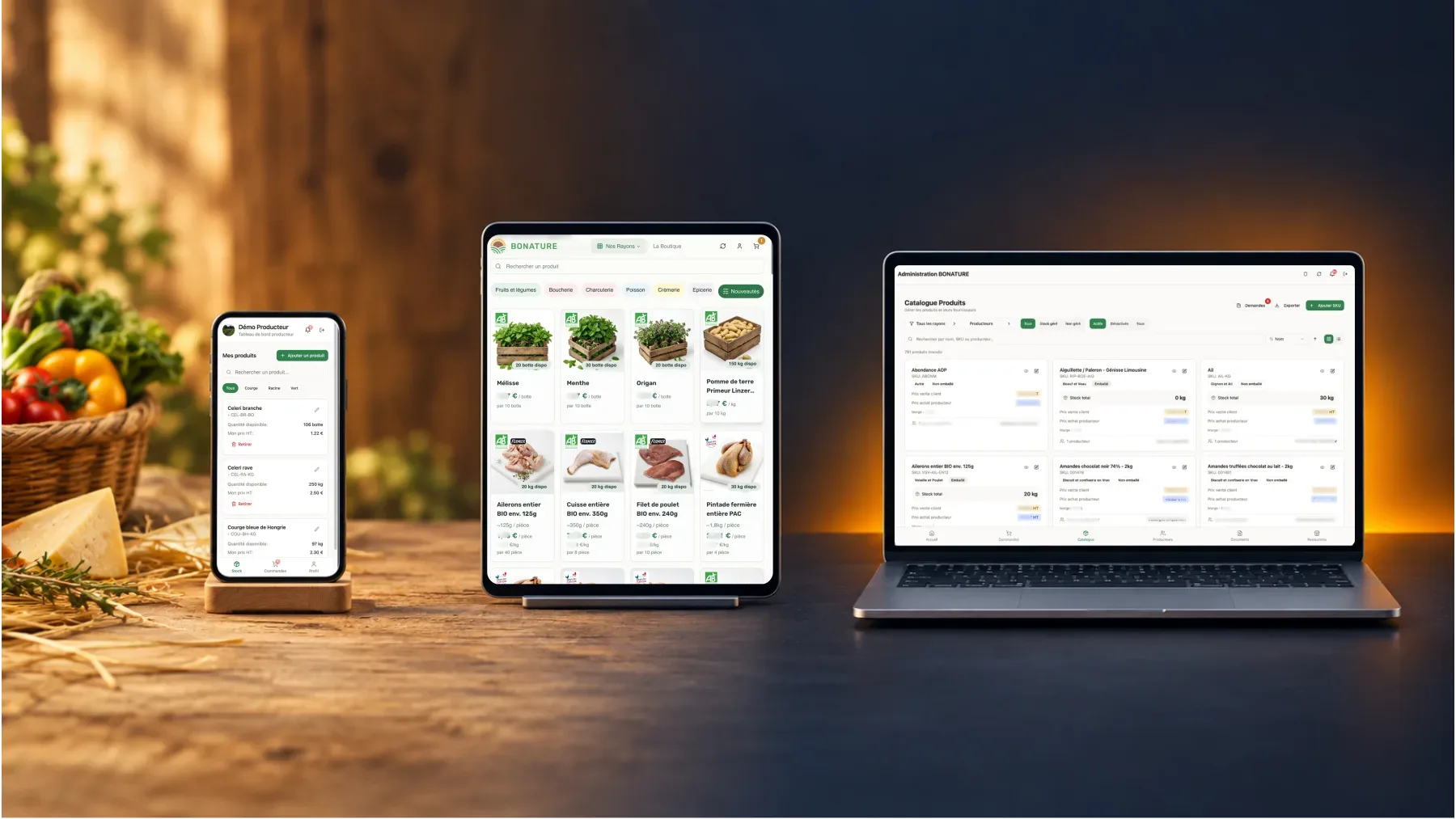 Bonature producer app on a phone, restaurant catalogue on a tablet and central admin on a laptop